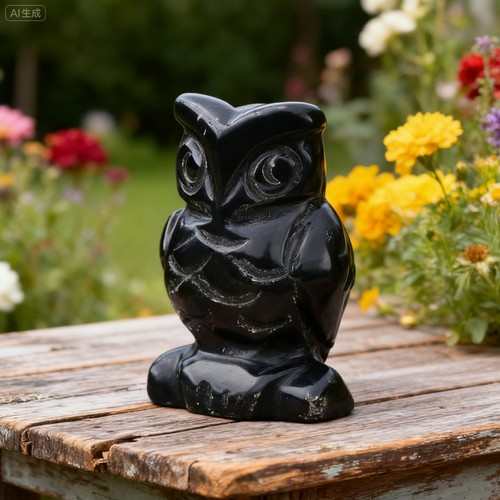 Natural obsidian owl carved - natural,